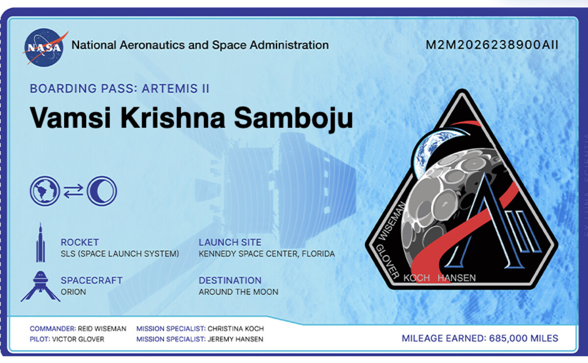 NASA Artemis 2 boarding pass for Vamsi Krishna Samboju