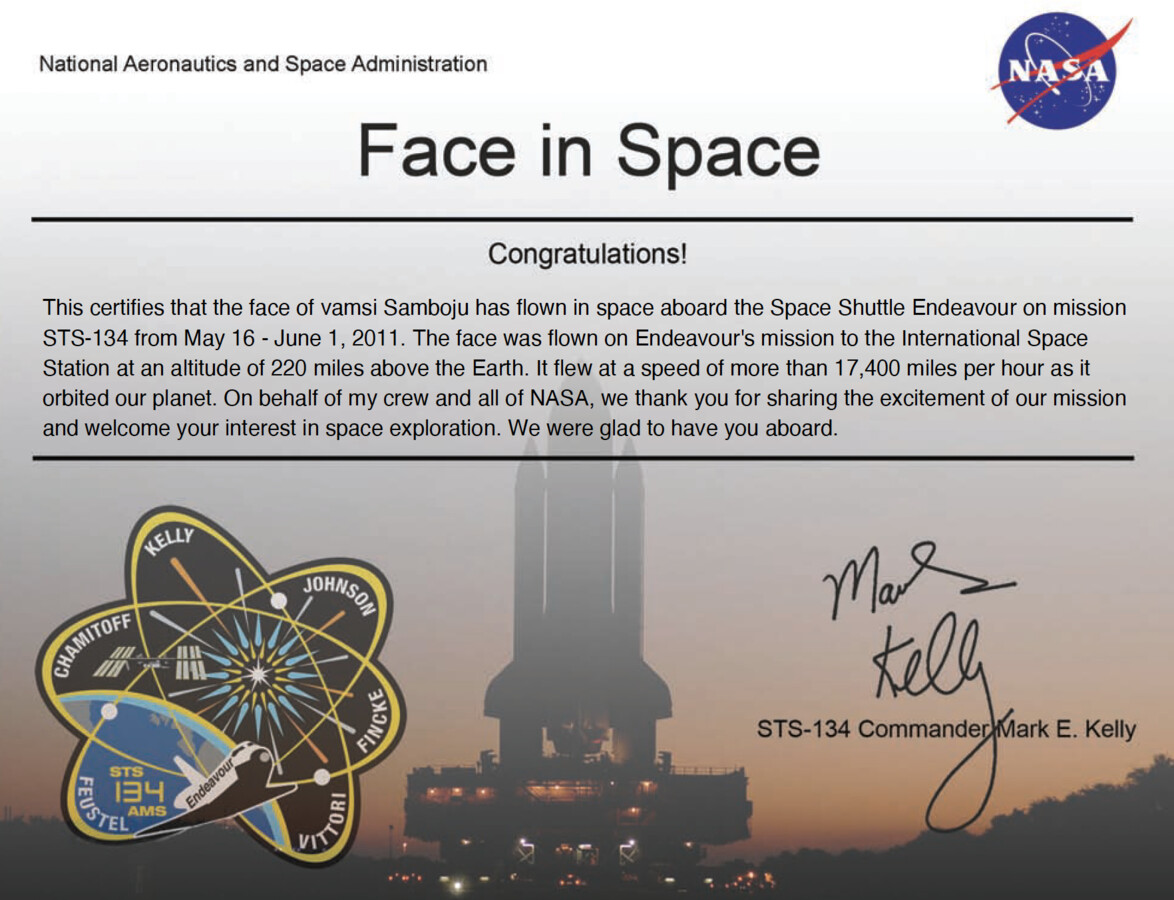 NASA Face in Space certificate for STS-134